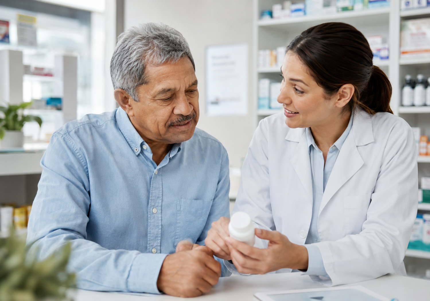 Senior discussing prescriptions with a pharmacist